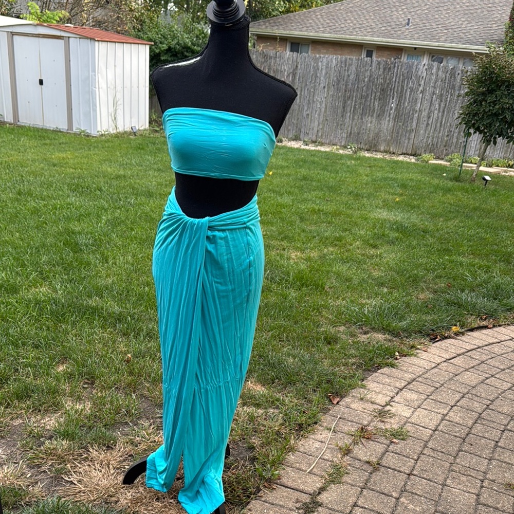 Vibrant Blue Strapless Top and Skirt Set